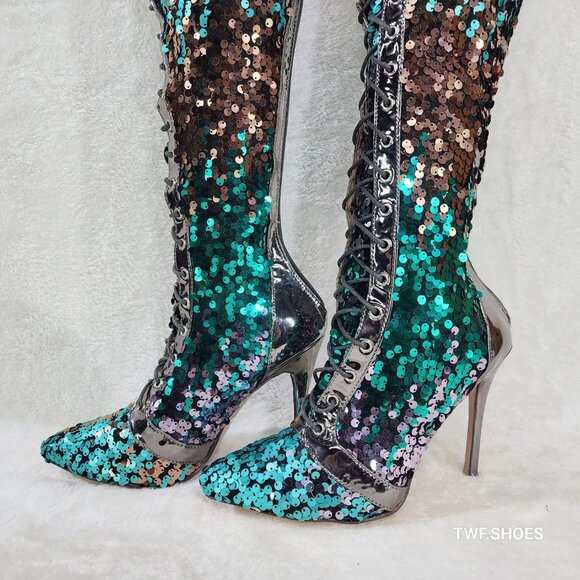 Over the Knee Thigh High Lace Up Stiletto Heel Sequin Boots Pewter - Picture 11 of 11